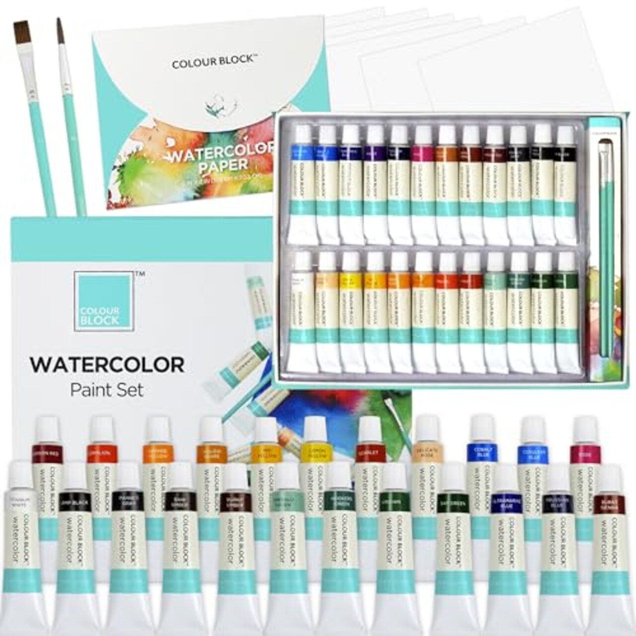 COLOUR BLOCK 32 Ultimate Watercolor Paint Set for Adults and Artists,  Contains 24 Vibrant Colors, 2 Brushes, 6 Sheets Watercolor Paper, Perfect  for School Supplies